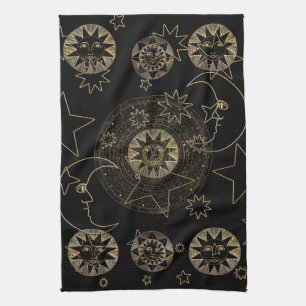 Linge De Cuisine Golden Sun Moon Stars Art d'astronomie céleste