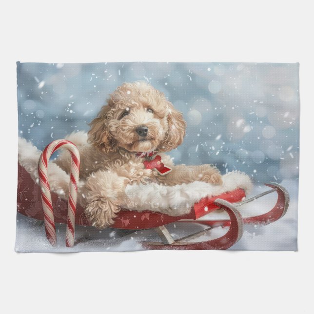 Linge De Cuisine Goldendoodle Chien Festif de Noël (Horizontal)