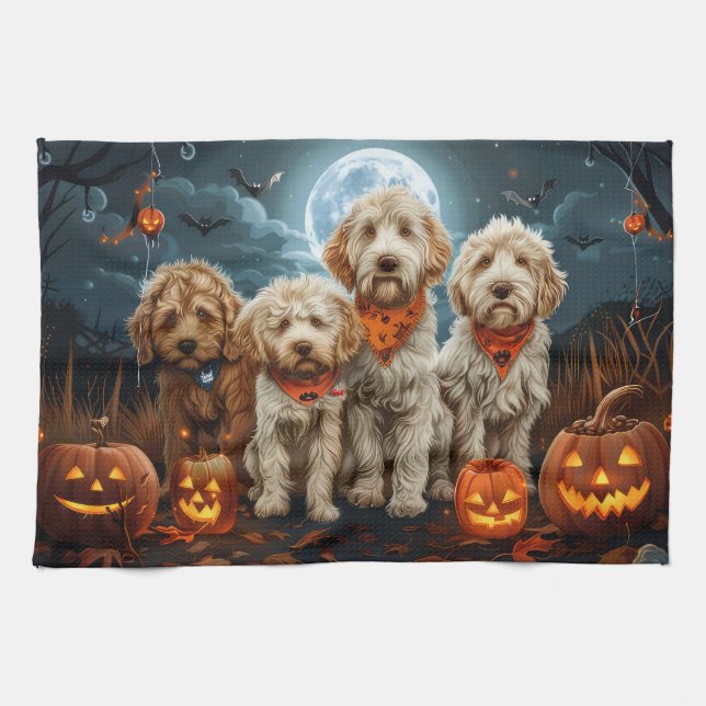 Linge De Cuisine Goldendoodle Halloween Éffrayant (Horizontal)