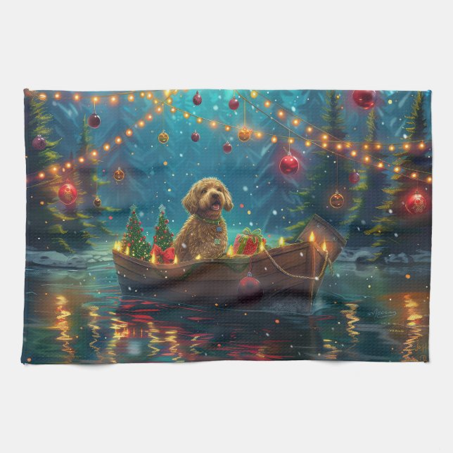 Linge De Cuisine Goldendoodle Noël Festive Voyage (Horizontal)