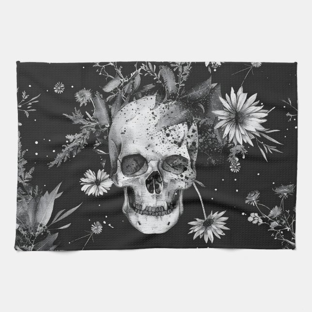 Linge De Cuisine Gothique Halloween motif de crânes botaniques (Horizontal)