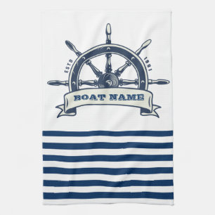 Linge De Cuisine Gouvernail de bateau nautique, rayures blanches et