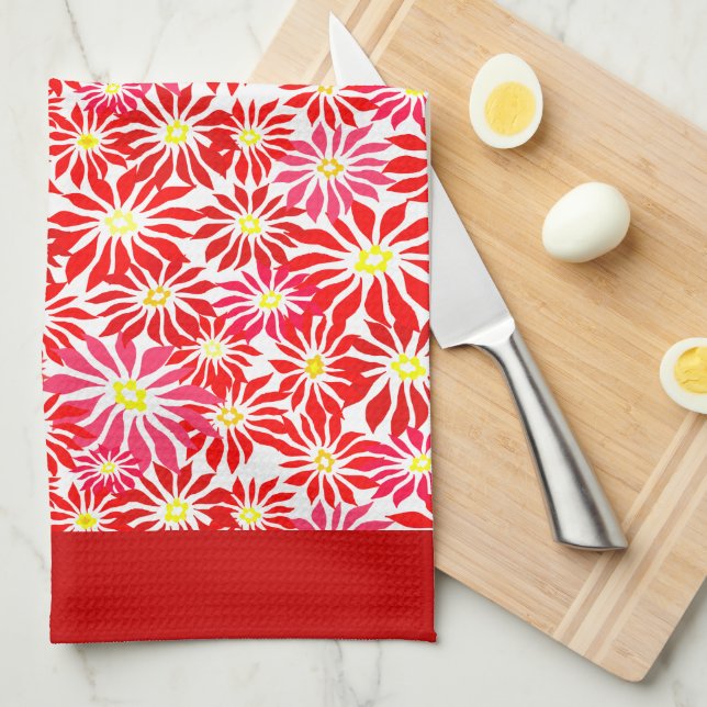Linge De Cuisine Grande Poinsététie Rouge Retro Motif Floral Cuisin (Quart Plié)
