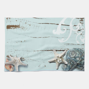Linge De Cuisine Grange côtière bois aqua bleu étoile coquillages