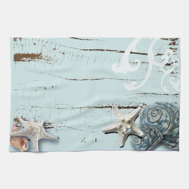 Linge De Cuisine Grange côtière bois aqua bleu étoile coquillages (Horizontal)
