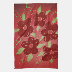 Linge De Cuisine Grange foncée rouge floral