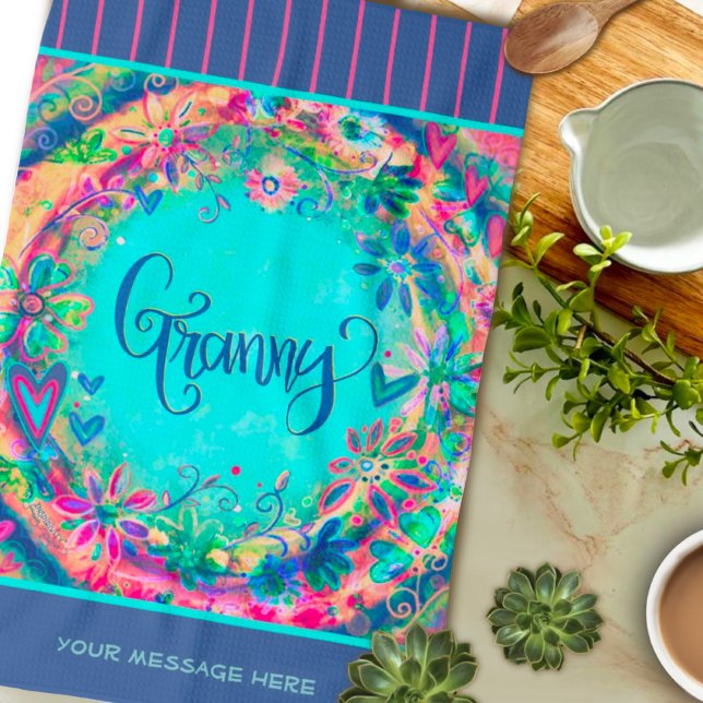 Linge De Cuisine Granny Bleu Joli Coeurs Floraux Personnalisé (Créateur téléchargé)