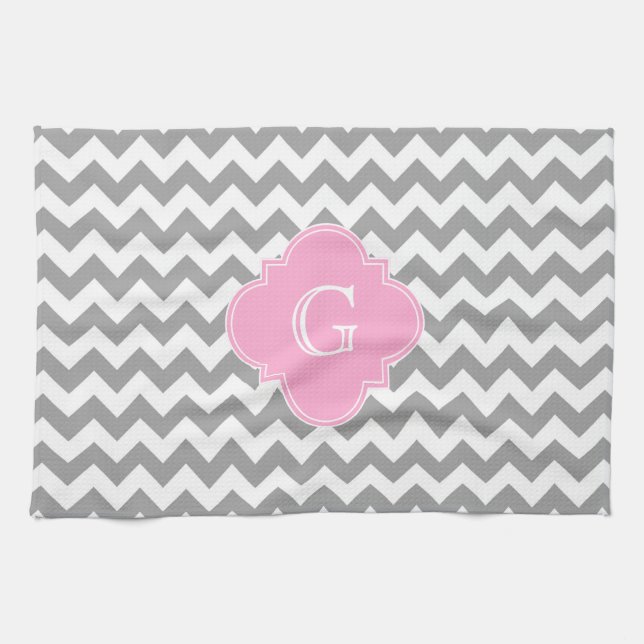 Linge De Cuisine Gray Wht Chevron Pink Quatrefoil monogram (Horizontal)
