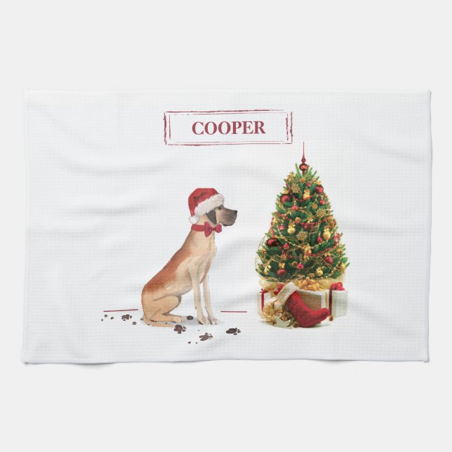 Linge De Cuisine Great Dane Funny Chien de Noël avec arbre (Horizontal)