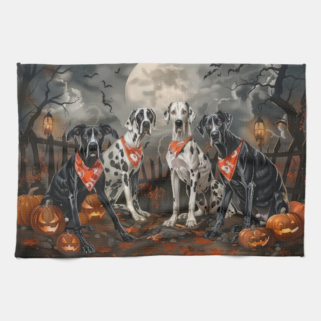 Linge De Cuisine Great Dane Halloween Éffrayant (Horizontal)