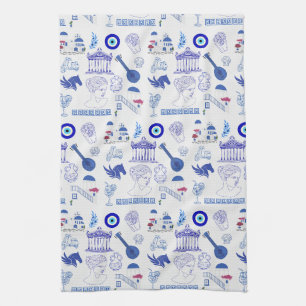 Linge De Cuisine Grèce Bleu et Blanc