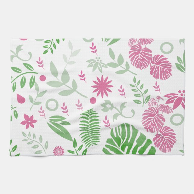 Linge De Cuisine Green and pink leaves and flowers (Horizontal)