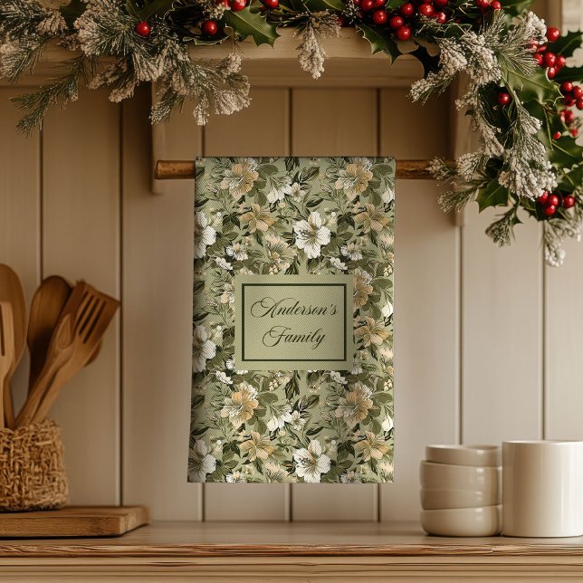 Linge De Cuisine Green Gold Floral Personalized Elegant Towel  (Green Gold Floral Personalized Elegant Towel )