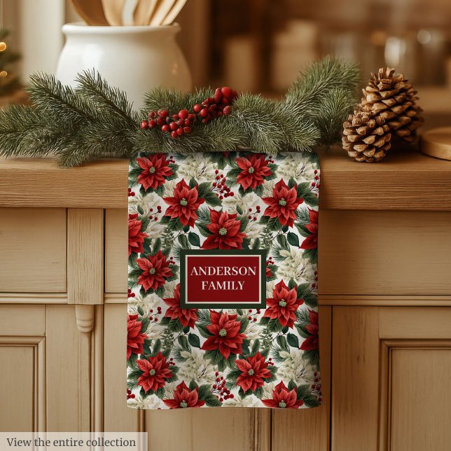Linge De Cuisine Greenery & Red Poinsettia Towel Elegant Holiday (Greenery & Red Poinsettia Towel Elegant Holiday)