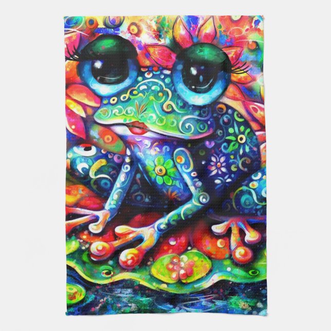 Linge De Cuisine Grenouille florale impressionniste Whimsical bleu  (Vertical)