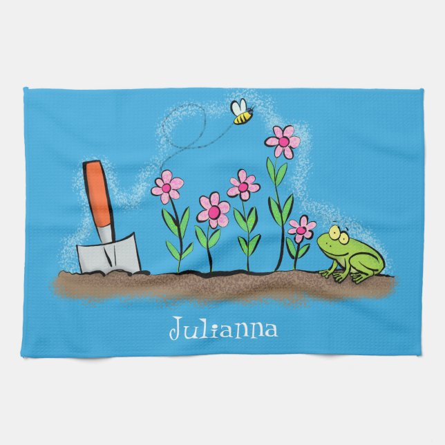 Linge De Cuisine Grenouille mignonne et abeille dans le jardin dess (Horizontal)