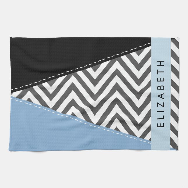 Linge De Cuisine Grey Zigzag, Grey Chevron, Bleu, Votre Nom (Horizontal)