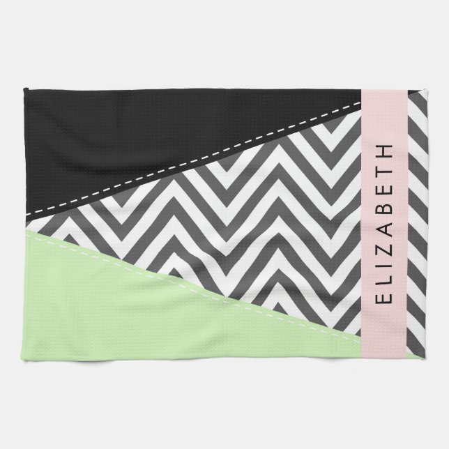 Linge De Cuisine Grey Zigzag, Grey Chevron, Mint, Votre Nom (Horizontal)