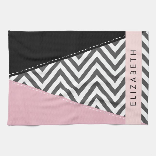 Linge De Cuisine Grey Zigzag, Grey Chevron, Rose, Votre Nom (Horizontal)