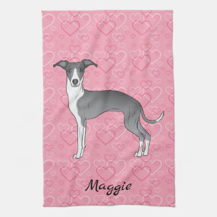 Linge De Cuisine Greyhound Italien Bleu Et Blanc Sur Coeurs Rose