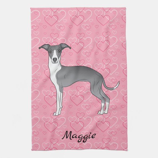 Linge De Cuisine Greyhound Italien Bleu Et Blanc Sur Coeurs Rose (Vertical)