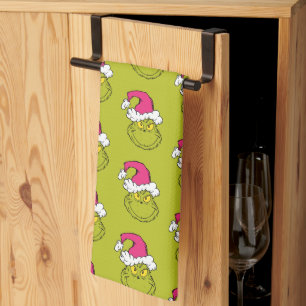 Linge De Cuisine Grinch avec un chapeau de Père Noël rose