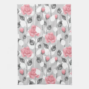 Linge De Cuisine  Gris et rose.Schéma floral