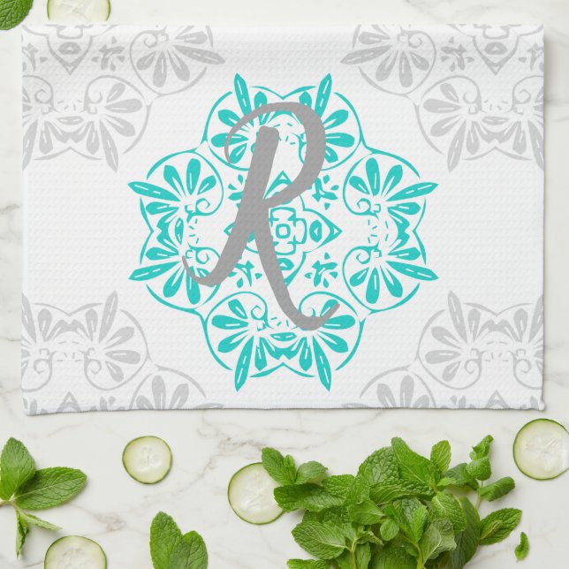 Linge De Cuisine Gris Turquoise Moderne Kaleidoscope Damask Modèle (Plié)