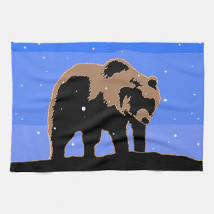 Linge De Cuisine Grizzly Bear en hiver - Art original de la faune