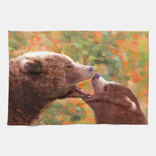 Linge De Cuisine Grizzly Bear Mom and Cub Painting - Wildlife Art