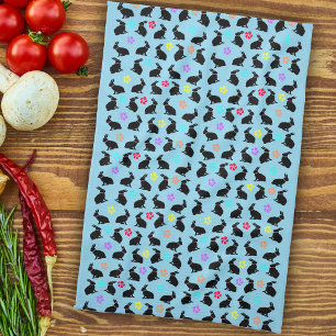 Linge De Cuisine Groupe Printemps noir lapins assis Fleurs sur bleu