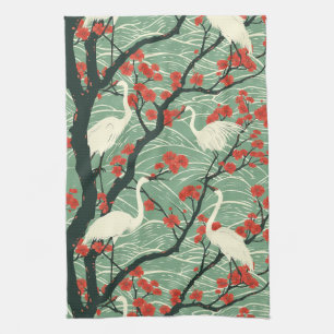 Linge De Cuisine Grue japonaise et fleur de cerisier - Art oriental