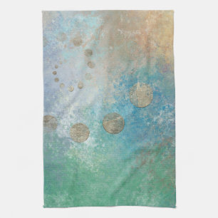 Linge De Cuisine Grunge Côtière Aquarelle bleu et vert or