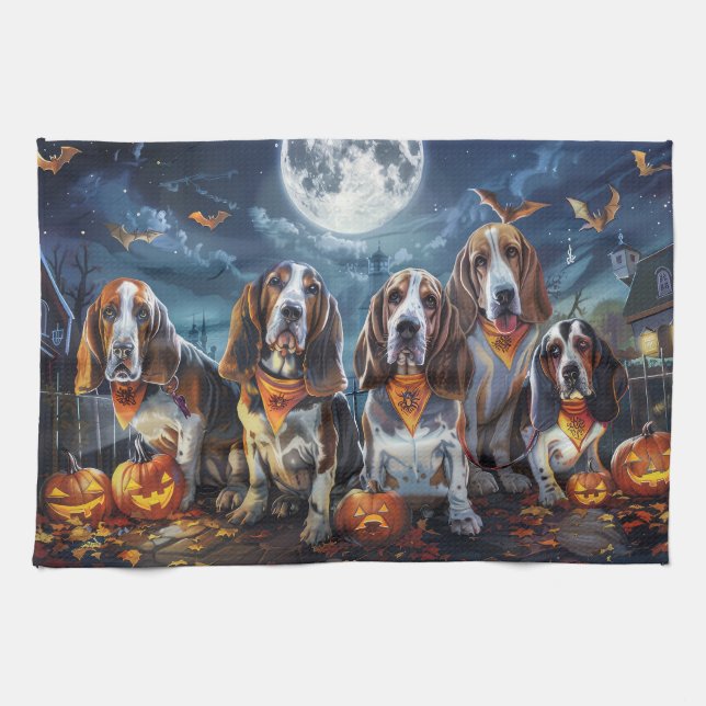 Linge De Cuisine Halloween Basset Hound Éffrayant (Horizontal)