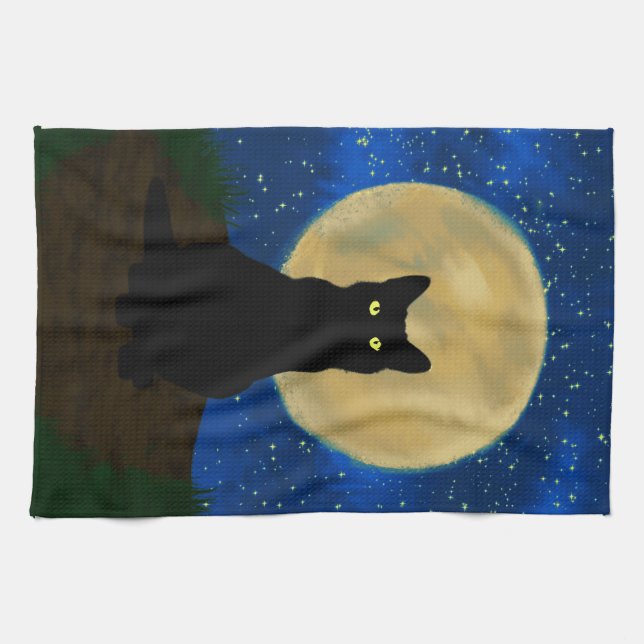Linge De Cuisine Halloween Black Cat Moonlit Silhouette  (Horizontal)