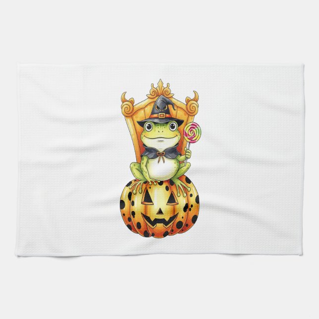 Linge De Cuisine Halloween Cute Frog sur Citrouille (Horizontal)