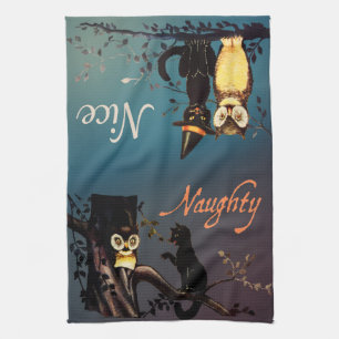 Linge De Cuisine Halloween Naughty ou Nice Towel - Chat et hibou
