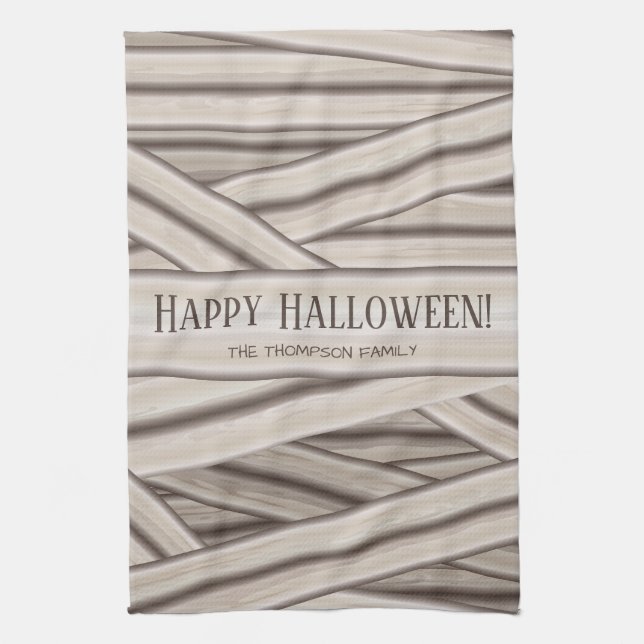 Linge De Cuisine Halloween Nom de famille personnalisé Mummy Stripe (Vertical)