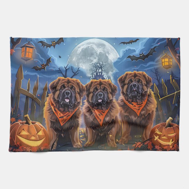 Linge De Cuisine Halloween Tibétain Mastiff Éffrayant (Horizontal)