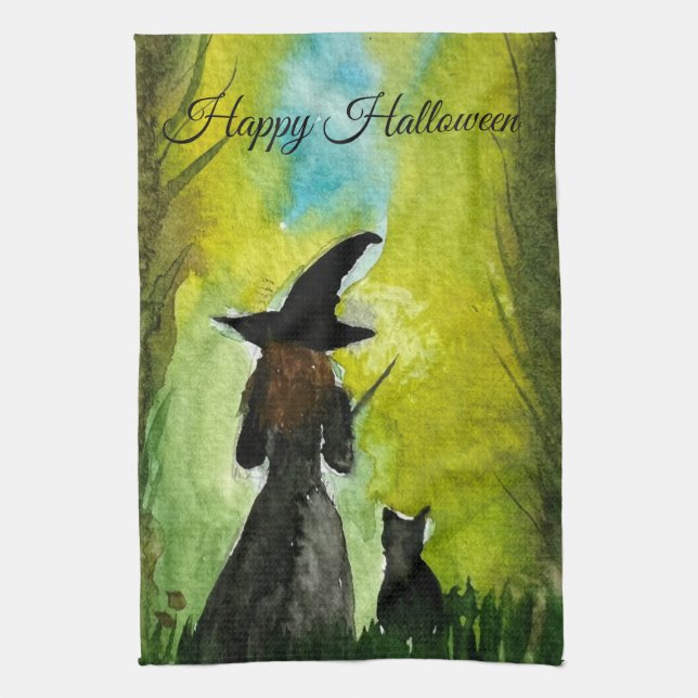 Linge De Cuisine Halloween Witch Black Cat Woman Spells (Vertical)