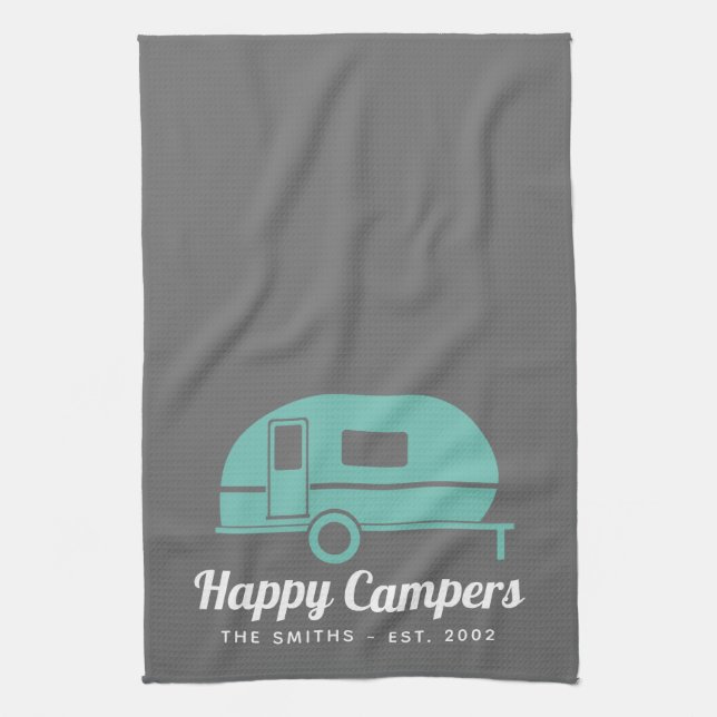 Linge De Cuisine Happy Campers Camping Turquoise gris (Vertical)