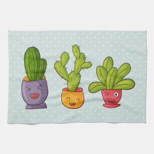 Linge De Cuisine Happy Cute Cactus dans les pots de fleurs Illustra