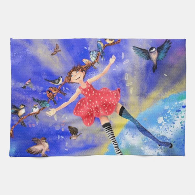 Linge De Cuisine Happy Girl with Birds (Horizontal)
