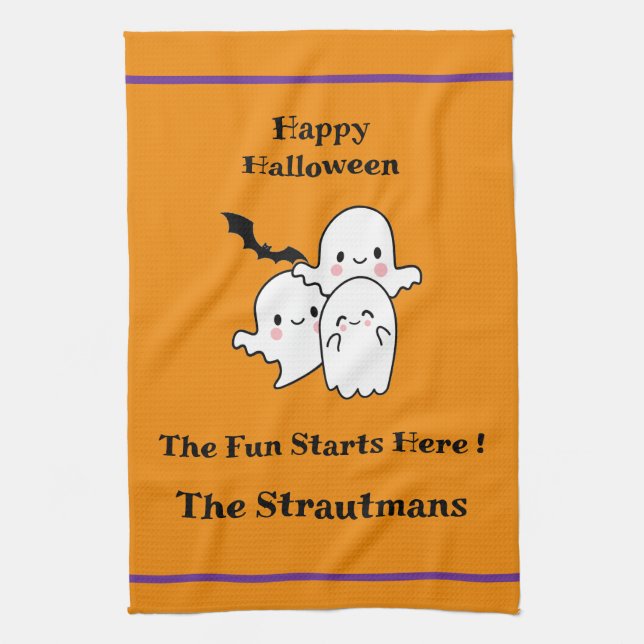 Linge De Cuisine Happy Halloween amusant PERSONNALISER Ghost Bat Or (Vertical)