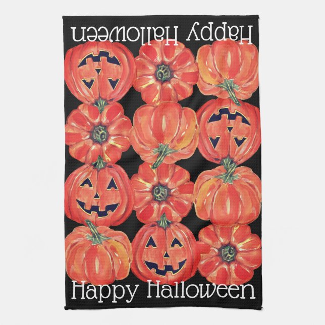 Linge De Cuisine Happy Halloween Citrouille orange noir aquarelle (Vertical)