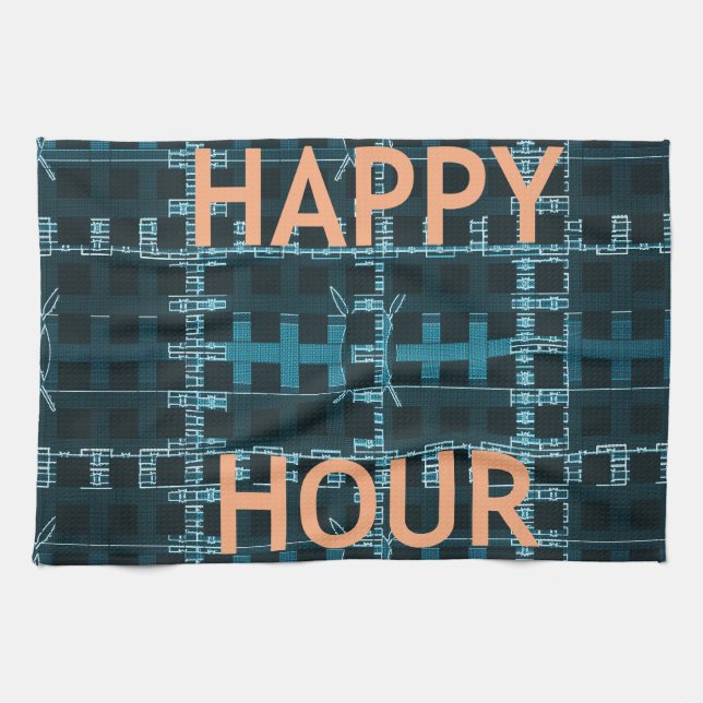Linge De Cuisine Happy Hour Texte bleu Vector Art Imprimer (Horizontal)