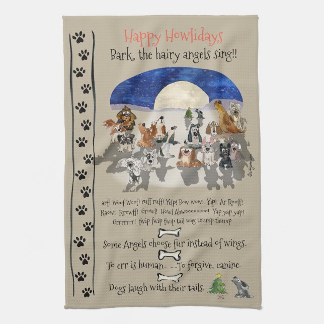 Linge De Cuisine Happy Howlidays Cartoon Dogs Holiday Citations (Vertical)