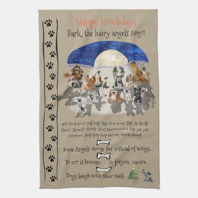 Linge De Cuisine Happy Howlidays Cartoon Dogs Holiday Citations (Vertical)