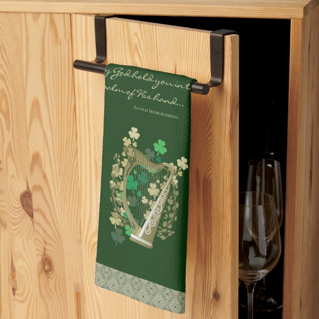 Linge De Cuisine Harpe et Shamrocks de bénédiction irlandais (Pliage en tiers)