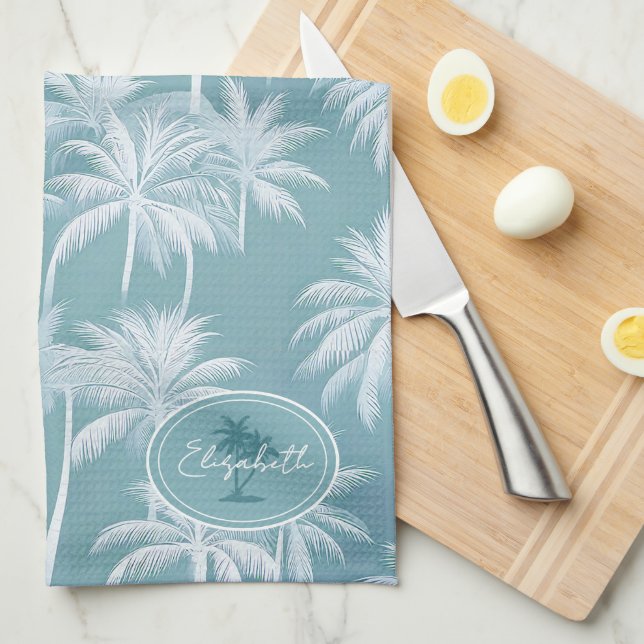 Linge De Cuisine Hawaiian Palm Tree Silhouette Motif Turquoise ID10 (Quart Plié)